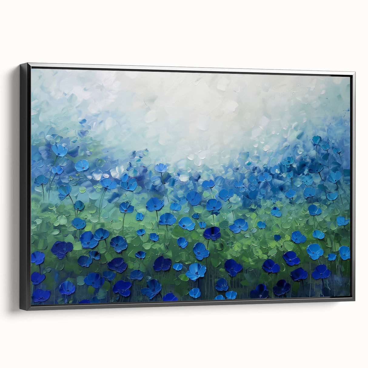 Framed canvas artwork showcasing an abstract floral design in vibrant colors, featuring a sleek black frame viewed from the side, ideal for modern home decor.