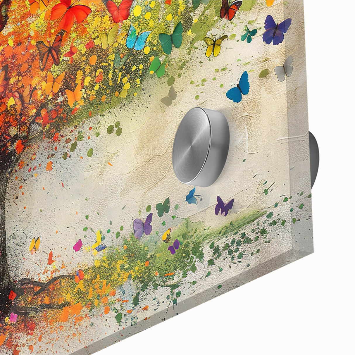 Close-up of vibrant abstract floral design on acrylic glass, showcasing intricate brush strokes and bold colors, perfect for modern home decor.