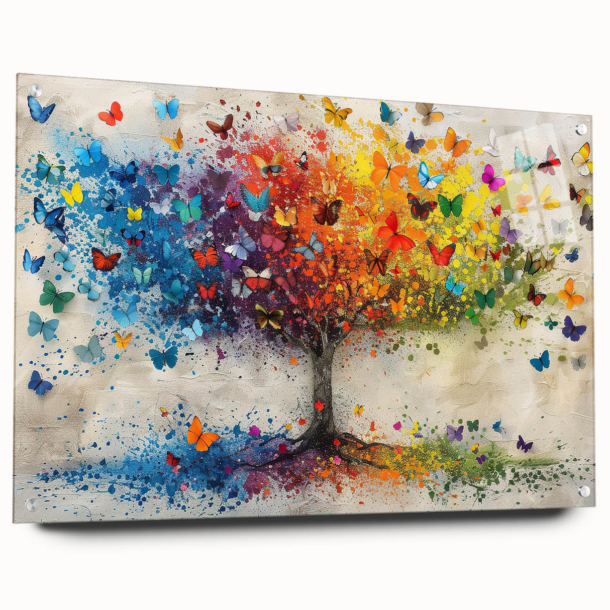 Abstract floral acrylic glass artwork showcasing vibrant colors and intricate designs, displayed in a side view with visible attachment pins, perfect for modern decor.