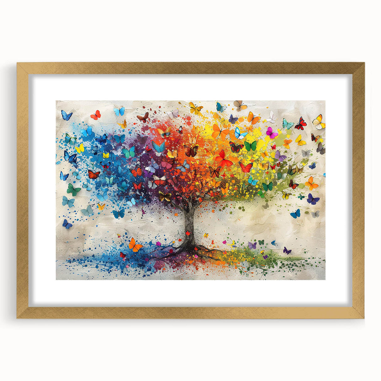 Elegant abstract floral frame with a gold mat, showcasing vibrant colors and intricate designs, perfect for adding a touch of sophistication to any interior decor.