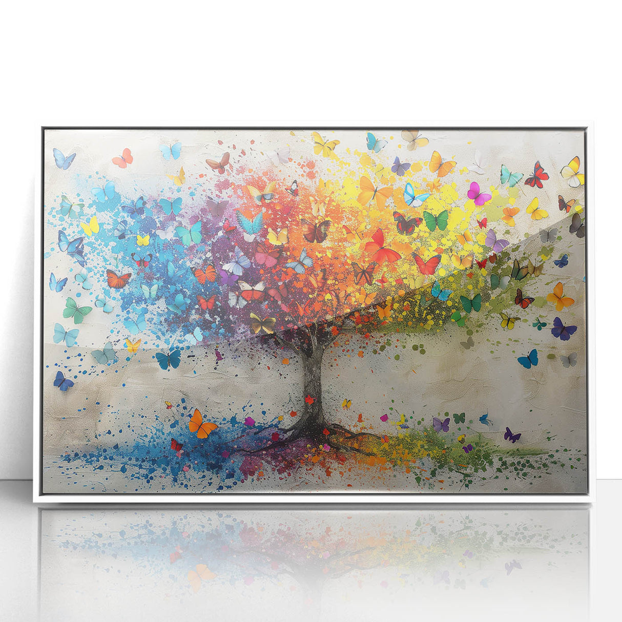 Framed acrylic artwork showcasing vibrant abstract floral designs in shades of pink, blue, and green, elegantly displayed against a sleek white background.