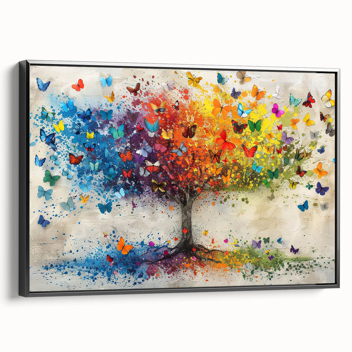 Framed canvas artwork showcasing an abstract floral design in vibrant colors, set against a black background, ideal for modern home decor. The stylish side view highlights its sleek frame and artistic appeal, perfect for enhancing any living space or office.