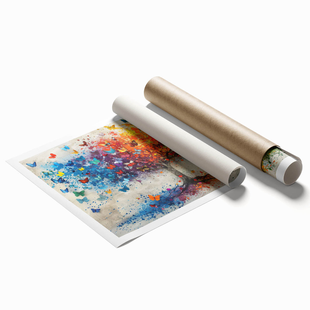 Abstract floral rolled print showcasing vibrant colors of pink, blue, and green, featuring intricate designs on a textured surface, perfect for home decor.