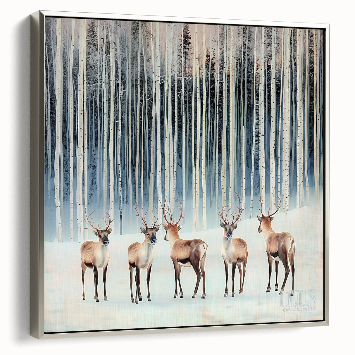 Framed abstract landscape canvas artwork with a silver frame, showcasing a serene blend of blues and greens, perfect for modern home decor. Ideal for enhancing living spaces with a touch of sophistication and artistic flair.