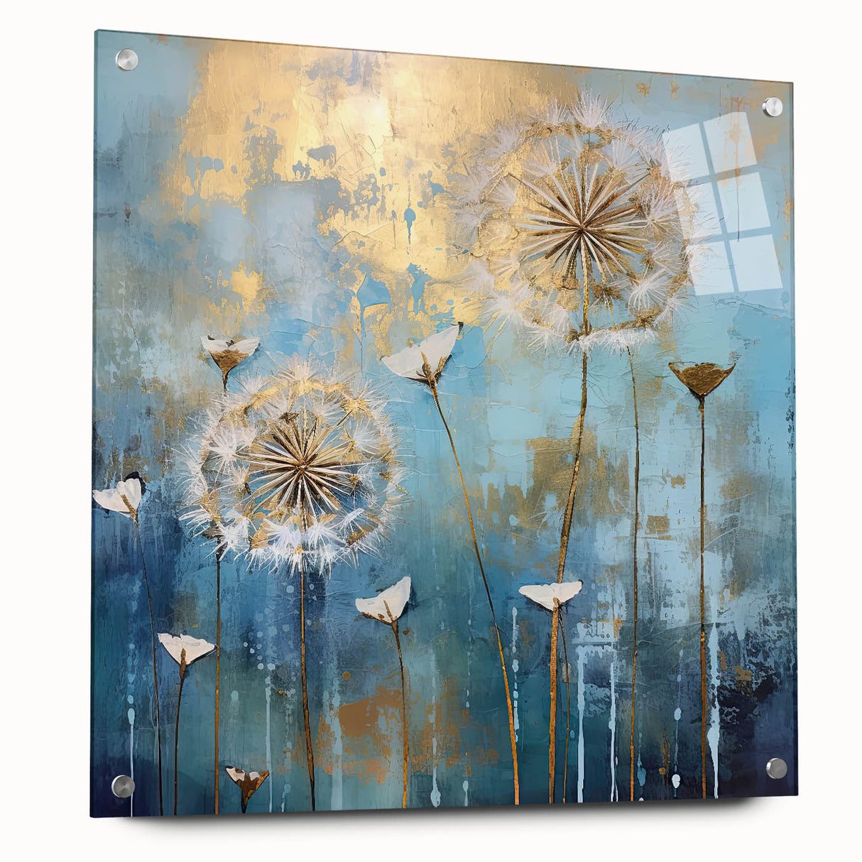 Abstract floral acrylic glass artwork displayed from a side view, showcasing vibrant colors and intricate details, secured with decorative pins for an artistic touch.