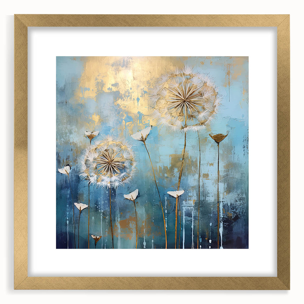 Abstract floral artwork framed in gold with a matte finish, showcasing vibrant colors and intricate designs. Ideal for enhancing modern home decor.