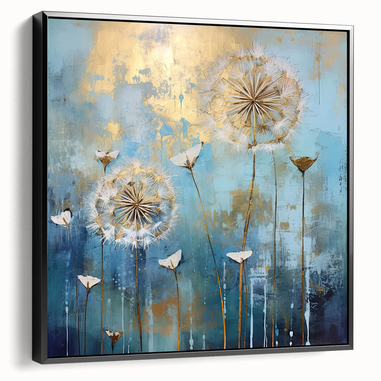 Framed canvas artwork showcasing a vibrant abstract floral design with bold colors and intricate patterns, viewed from the side against a neutral background. Ideal for modern home decor accents.