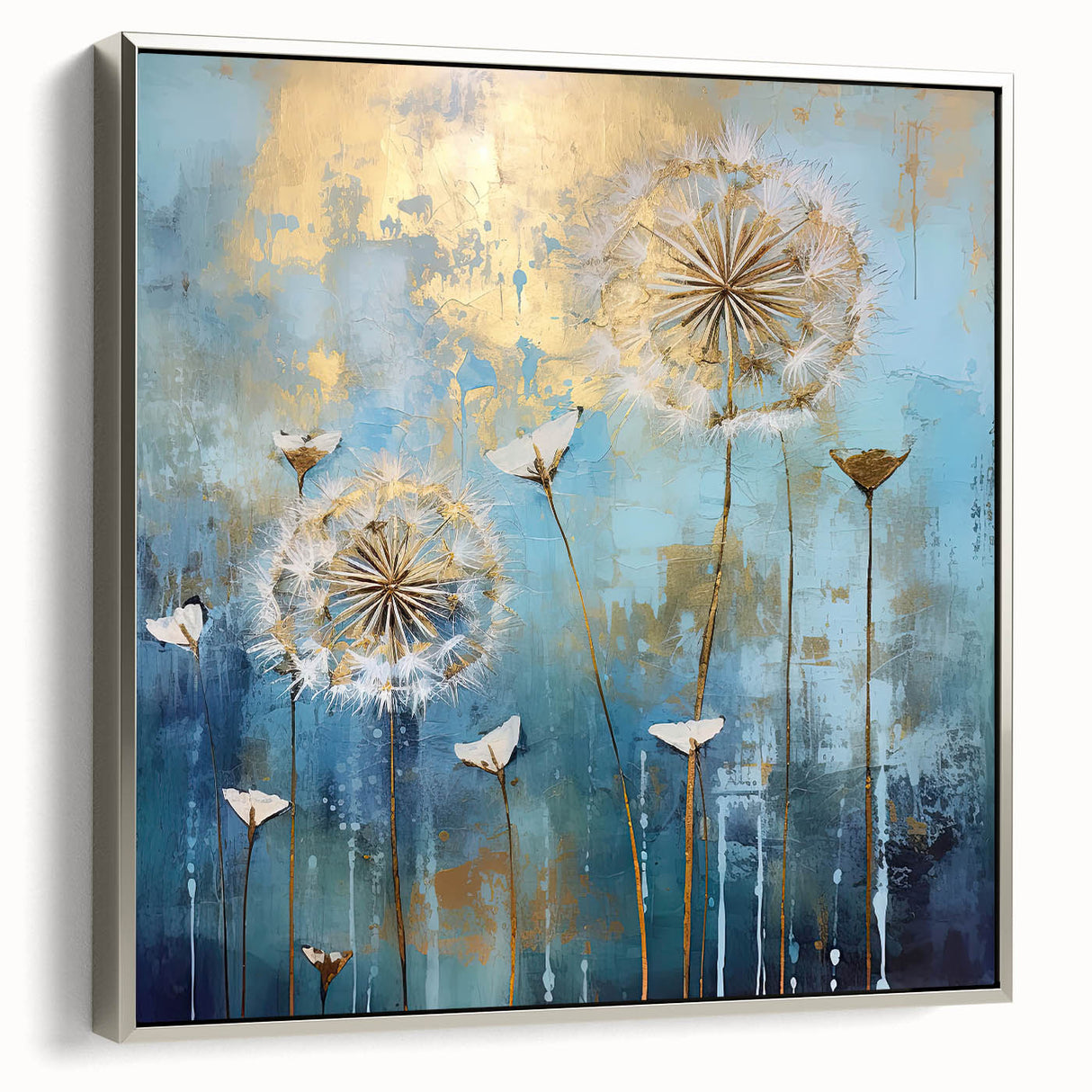 Framed canvas artwork showcasing an abstract floral design in vibrant colors, set against a sleek silver frame, ideal for modern home decor.