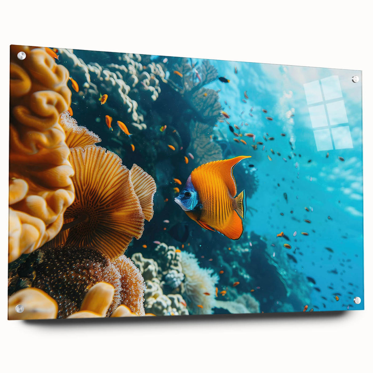 Acrylic glass print of a Mauritian landscape in vibrant green and blue tones, ideal for dining room decor.