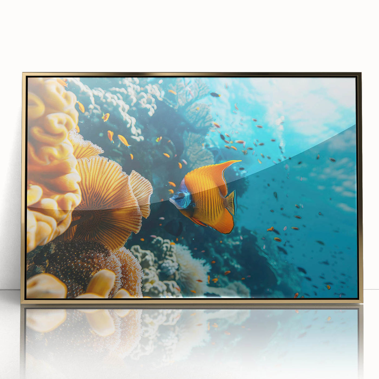 Mid-century modernist art depicting a serene Mauritius landscape in muted earth tones on a framed acrylic panel.