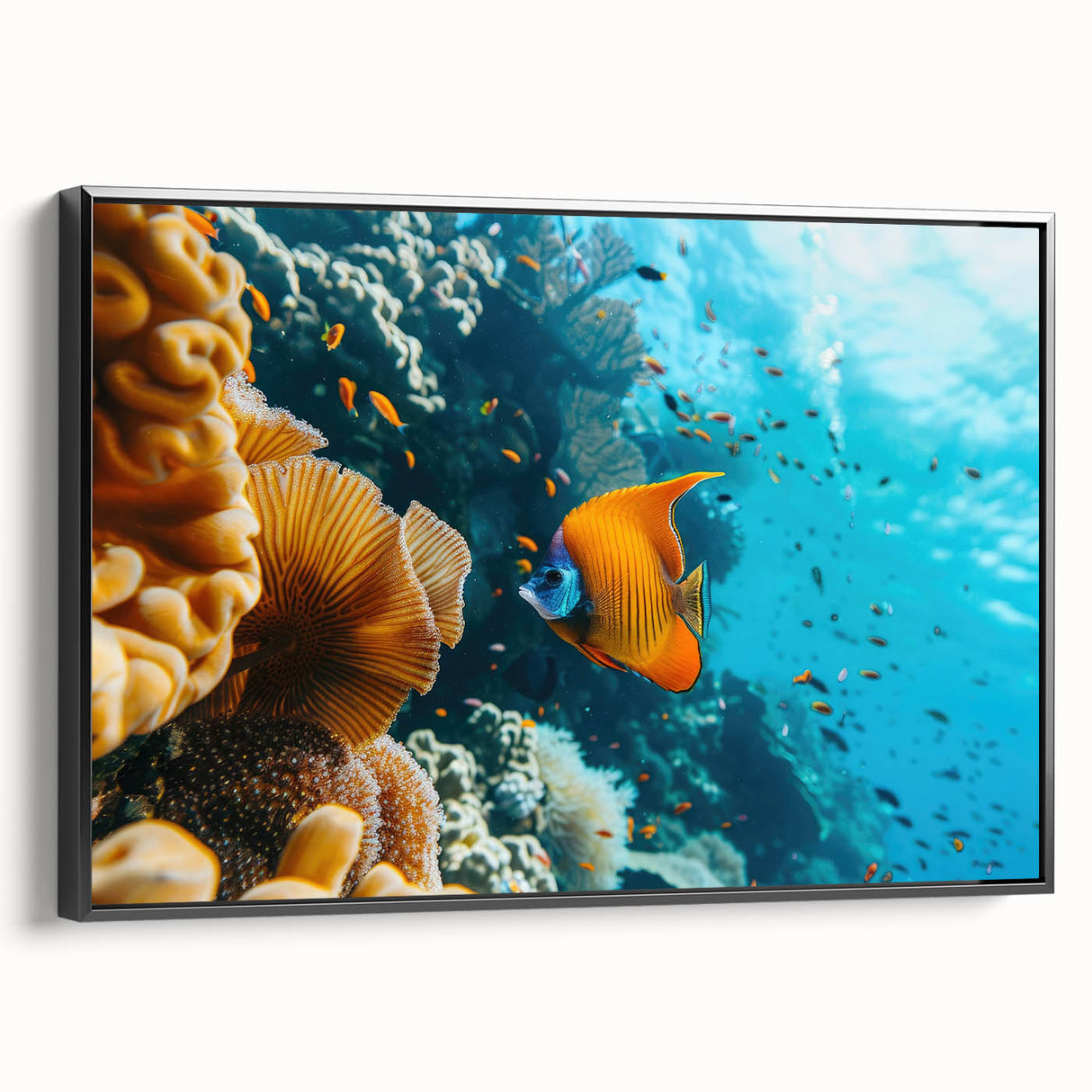 Black and white framed canvas featuring a vintage-style landscape of Mauritius, ideal for bedroom decor.