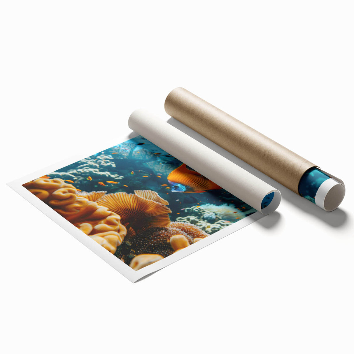 Extra large rolled print of a Mauritian landscape with vibrant green and blue tones, ideal for classy bathroom wall art.