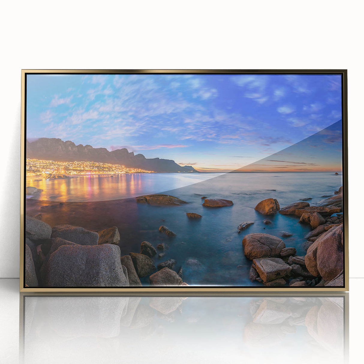 Large acrylic print of an African savannah at sunset, featuring a tree silhouette and gold hues.