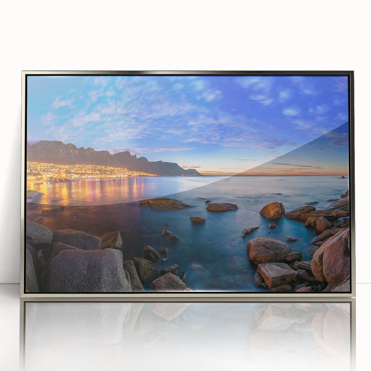 Mid-century modernist art depicting an African savannah scene in muted earth tones on a silver-framed acrylic print.