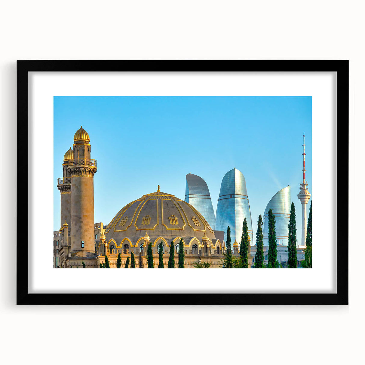 Extra large abstract art print depicting colorful textured scenery, in a black frame, ideal for living room decor.