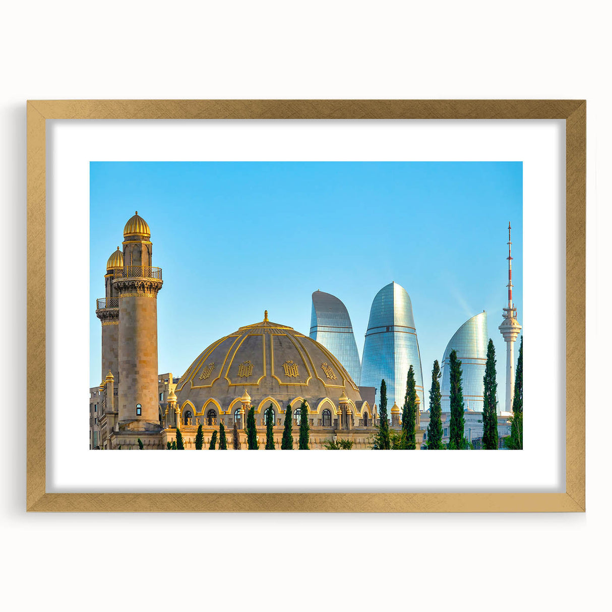 Extra large abstract art print of a textured Azerbaijan landscape in muted earth tones, framed with a gold mat.