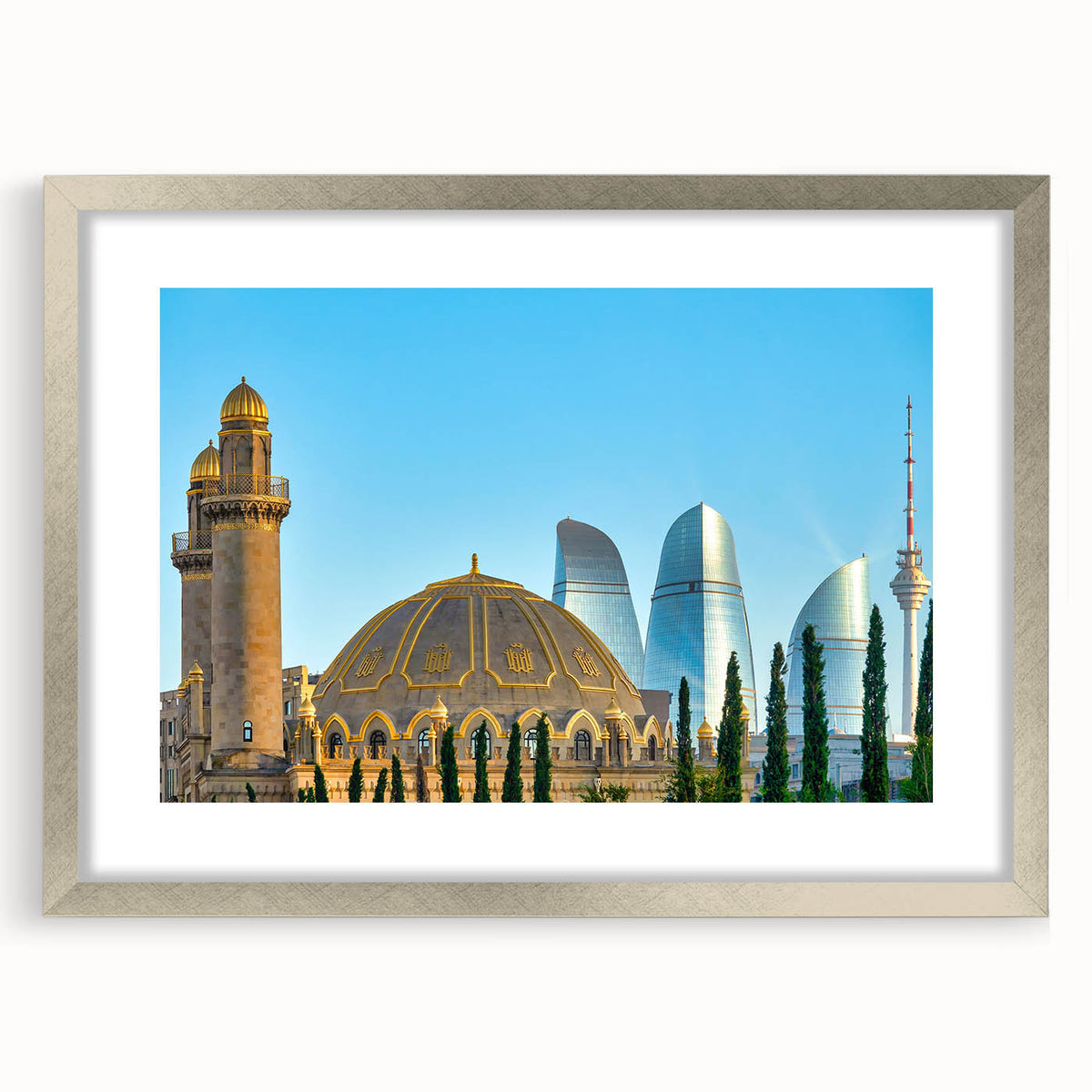 Textured abstract art print of Asian scenery in muted earth tones, framed in silver, ideal for bedroom ambiance.