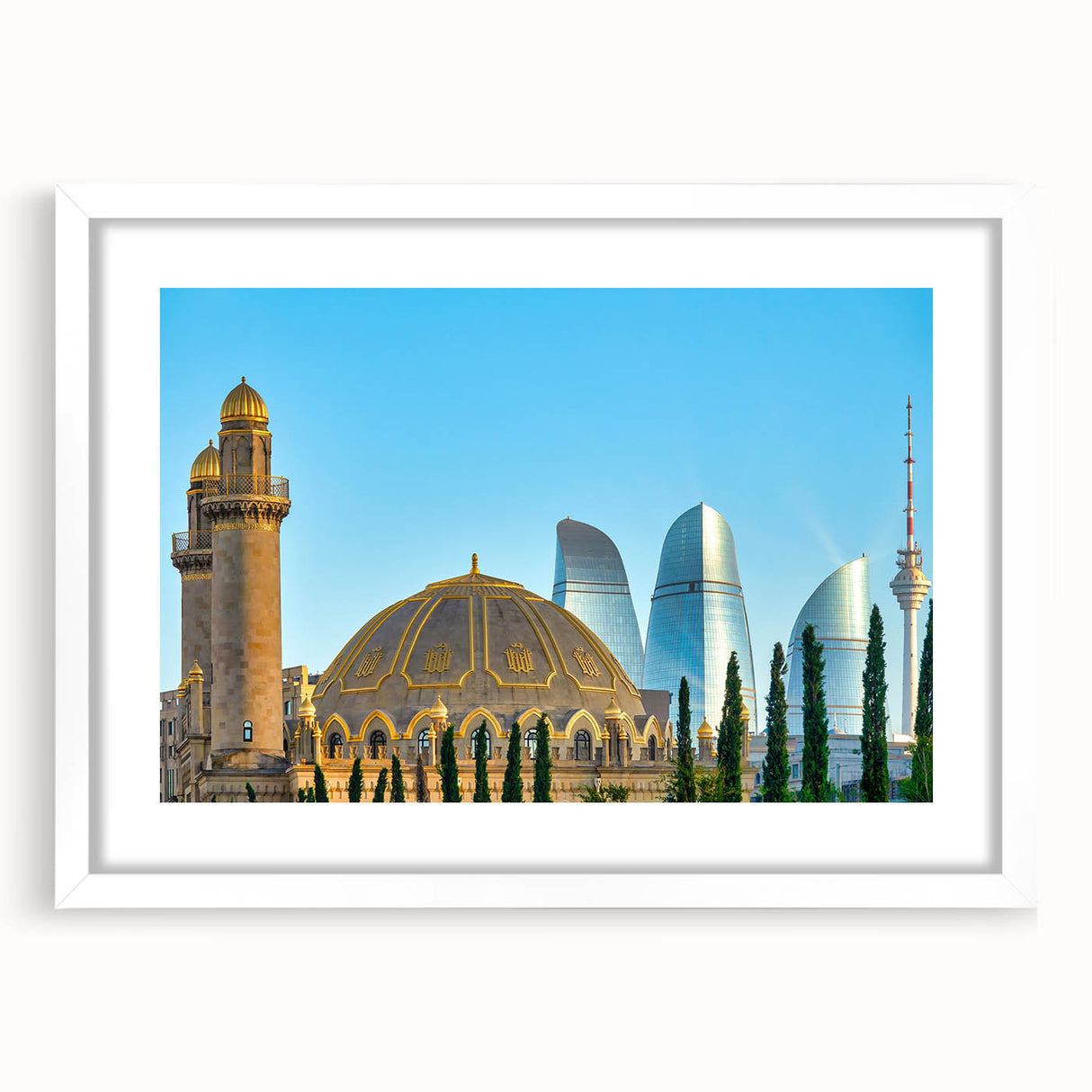 Abstract art print of a vibrant, multicolored Asian landscape on a white-framed canvas, ideal for dining room decor.