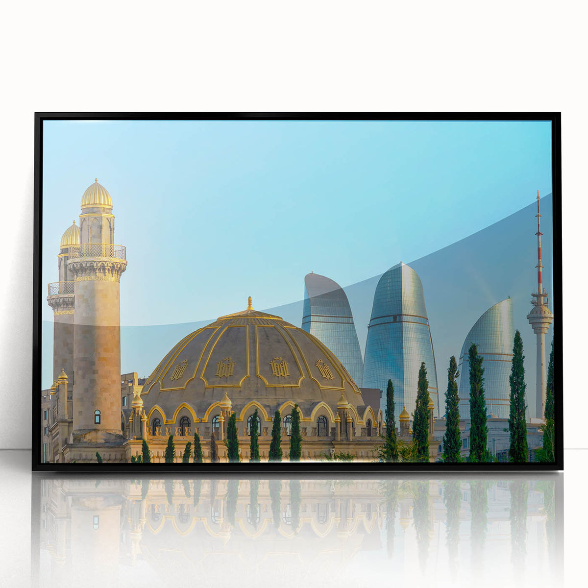 Large abstract wall art featuring a mid-century modernist design of Azerbaijan scenery in black and white tones on a framed…