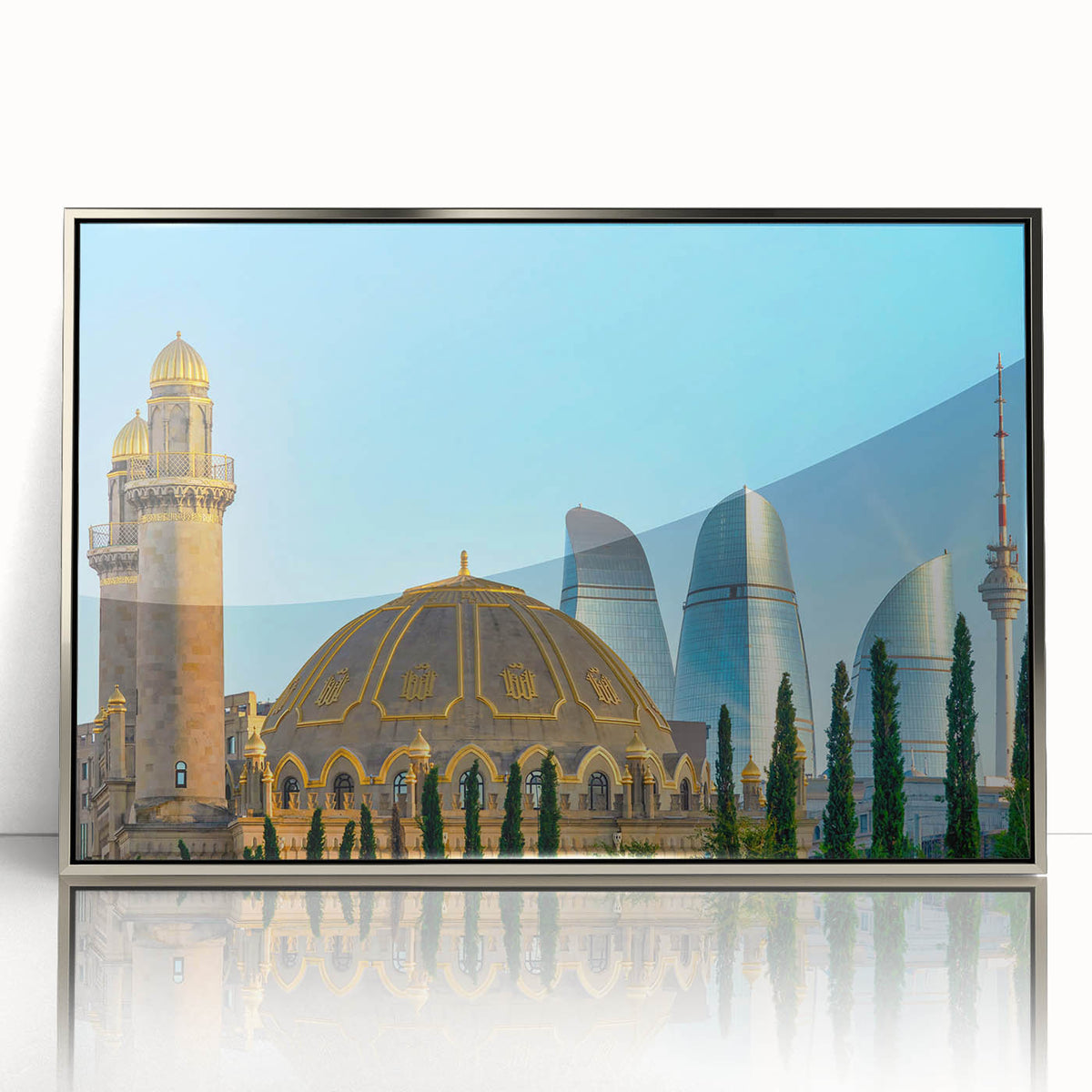 Mid-century modernist art depicting an Azerbaijani landscape in silver-framed acrylic, ideal for nursery wall art.