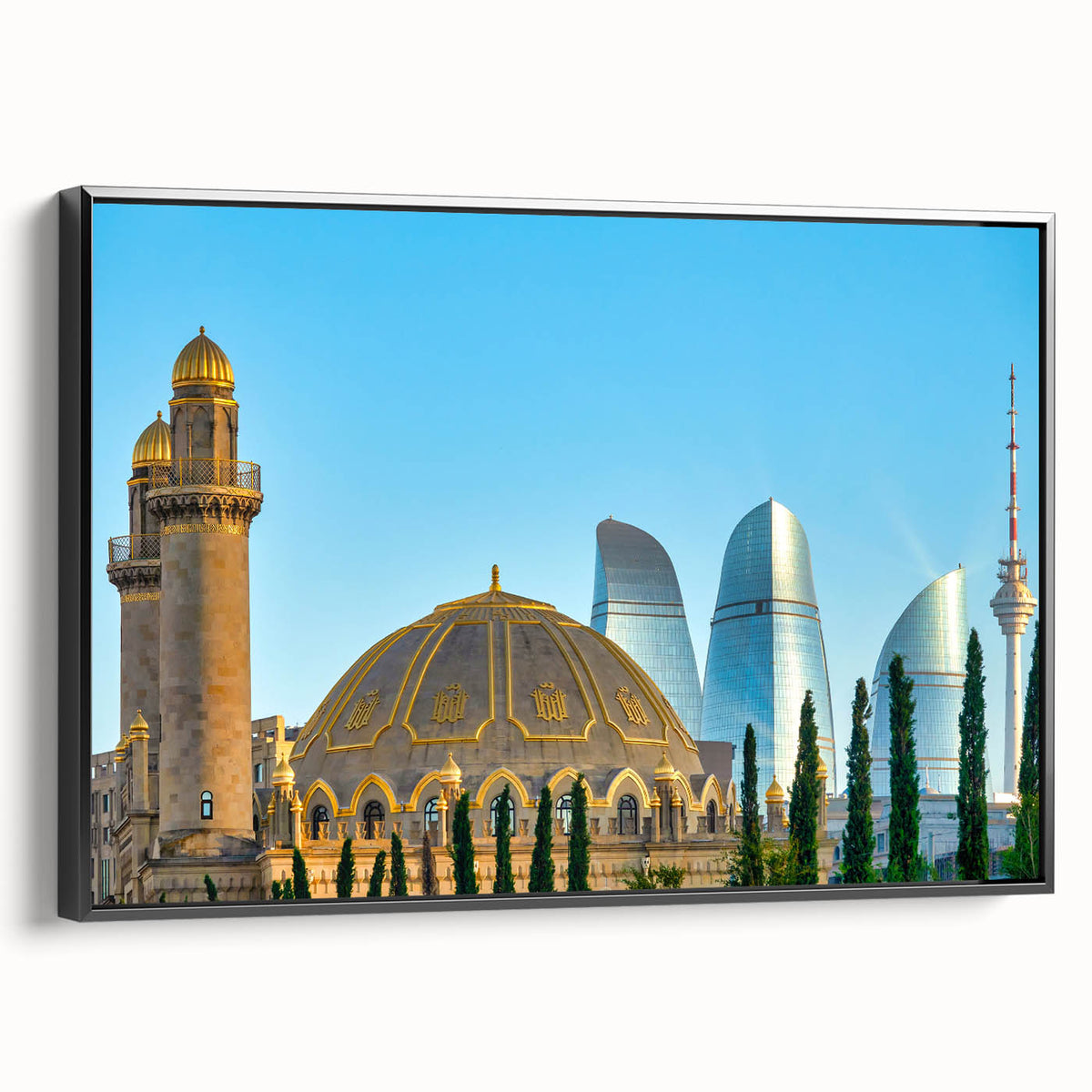 Black and white framed canvas of a vintage landscape painting, featuring an Azerbaijani scenery, ideal for bedroom decor.