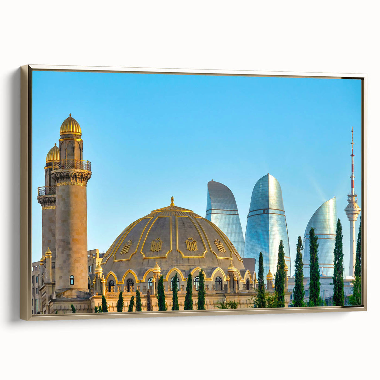 Framed canvas depicting a vintage-style landscape painting of Azerbaijan scenery in black and gold tones.