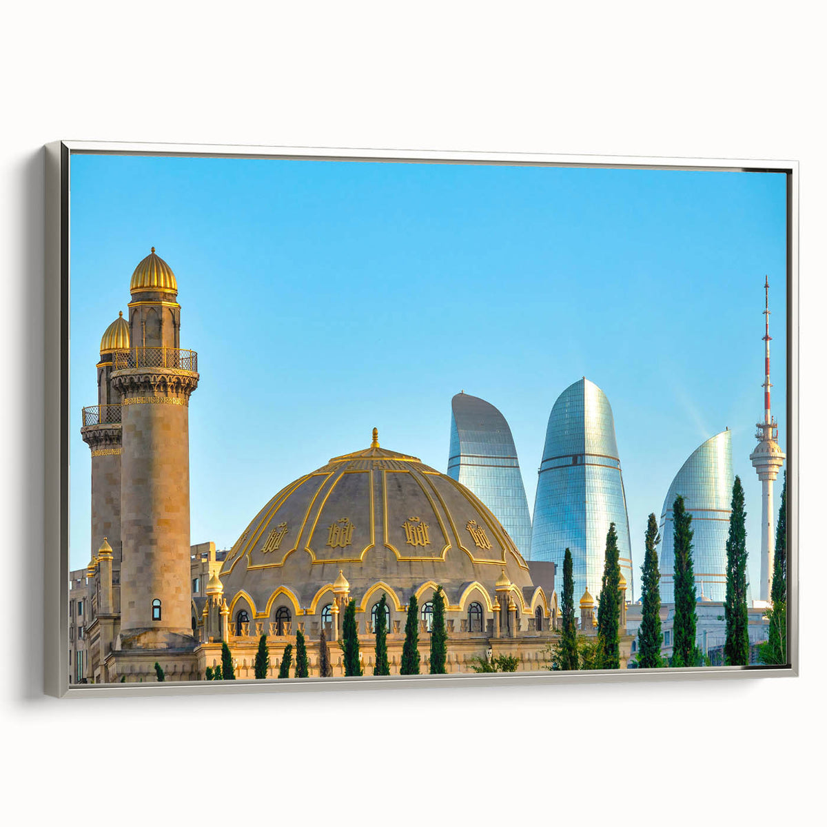 Landscape art painting of an Azerbaijani scenery on a framed canvas, featuring vibrant colors and vintage poster art style.