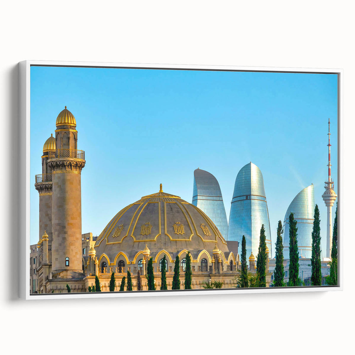 Vintage poster art of an Asian landscape on extra large framed canvas, featuring vibrant colors against a black background.