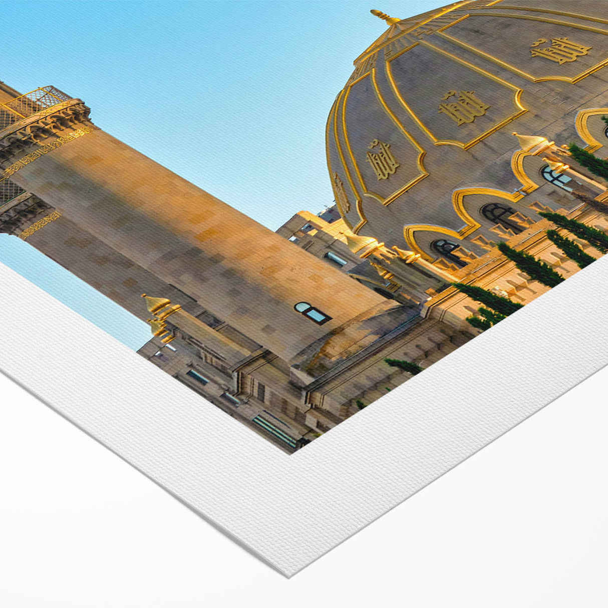 Art deco poster featuring a stylized Azerbaijani landscape in muted earth tones on rolled canvas.