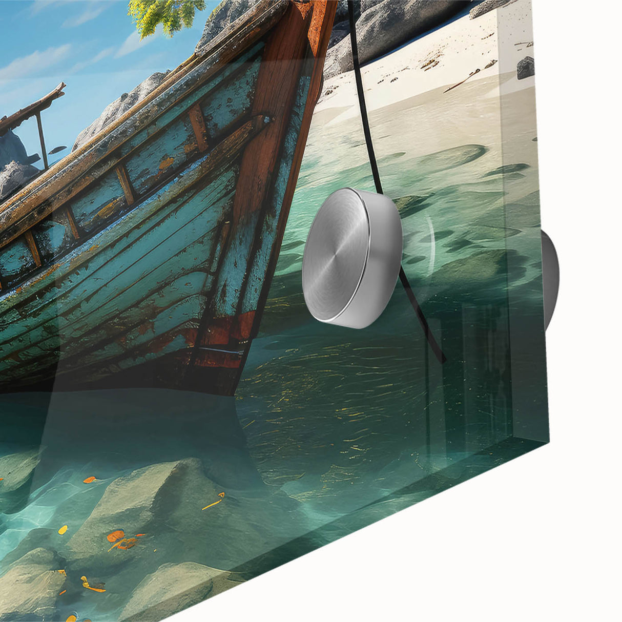 Large abstract wall art depicting a serene Thai landscape in muted green and blue tones on acrylic glass.