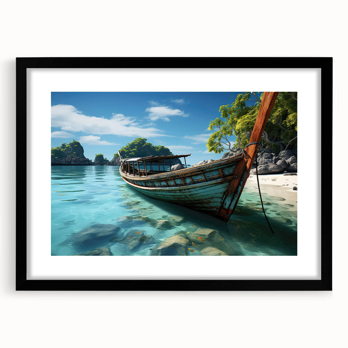 Extra large abstract art print depicting a colorful, textured scene of Thailand's scenery on a black framed canvas.