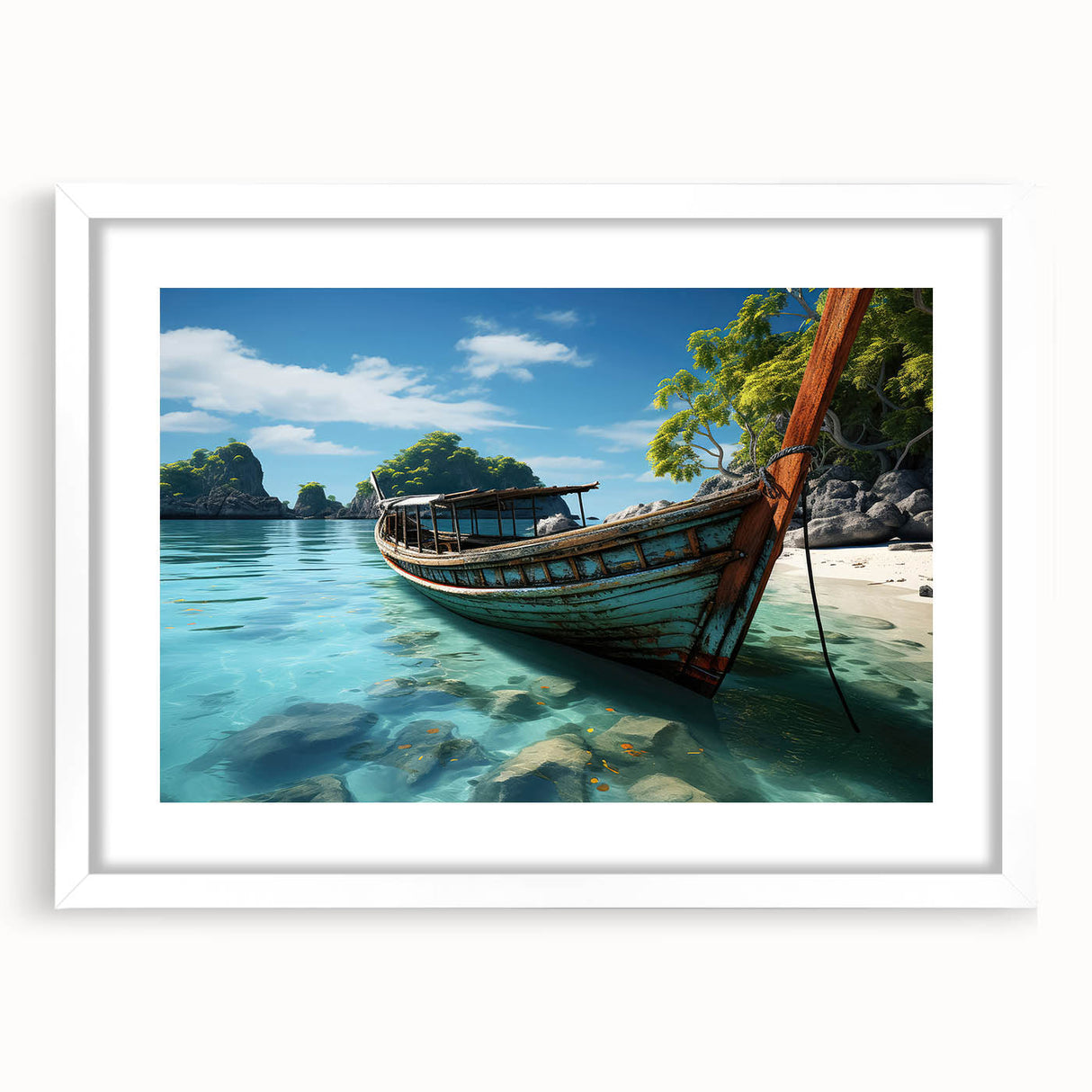 Abstract art print of a serene Thai landscape in soft blue and green tones, framed with a white mat.