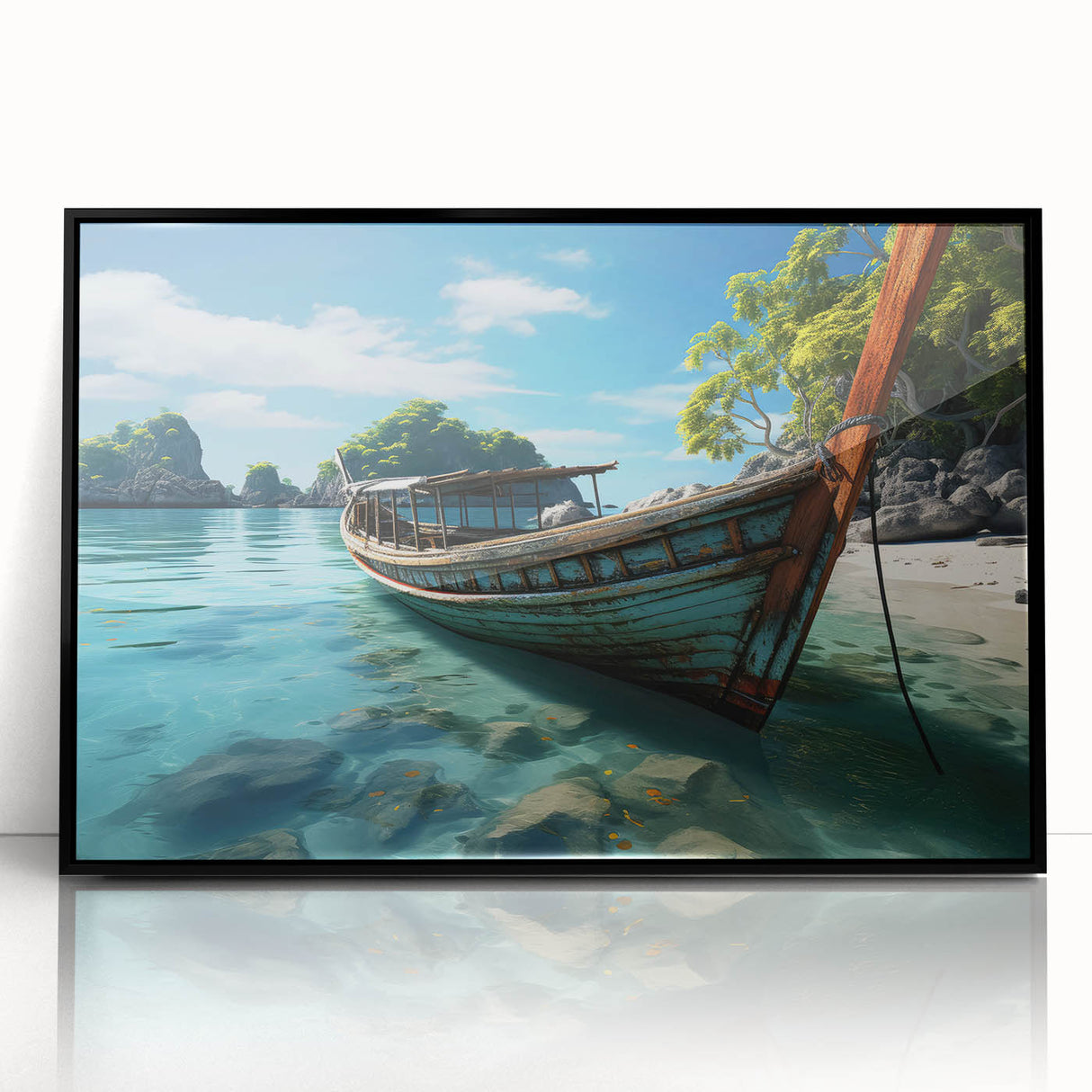 Large abstract wall art featuring a serene Thai landscape in muted earth tones, framed in black acrylic.