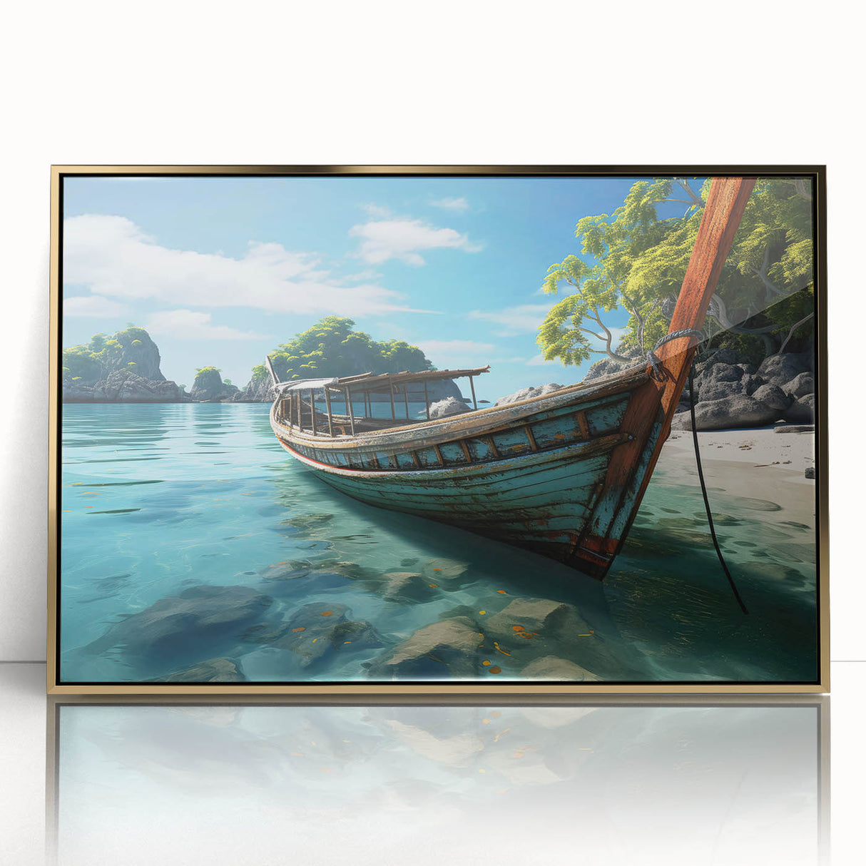 Acrylic print of a Thai landscape in gold and green tones, framed, ideal for modern art wall decor.