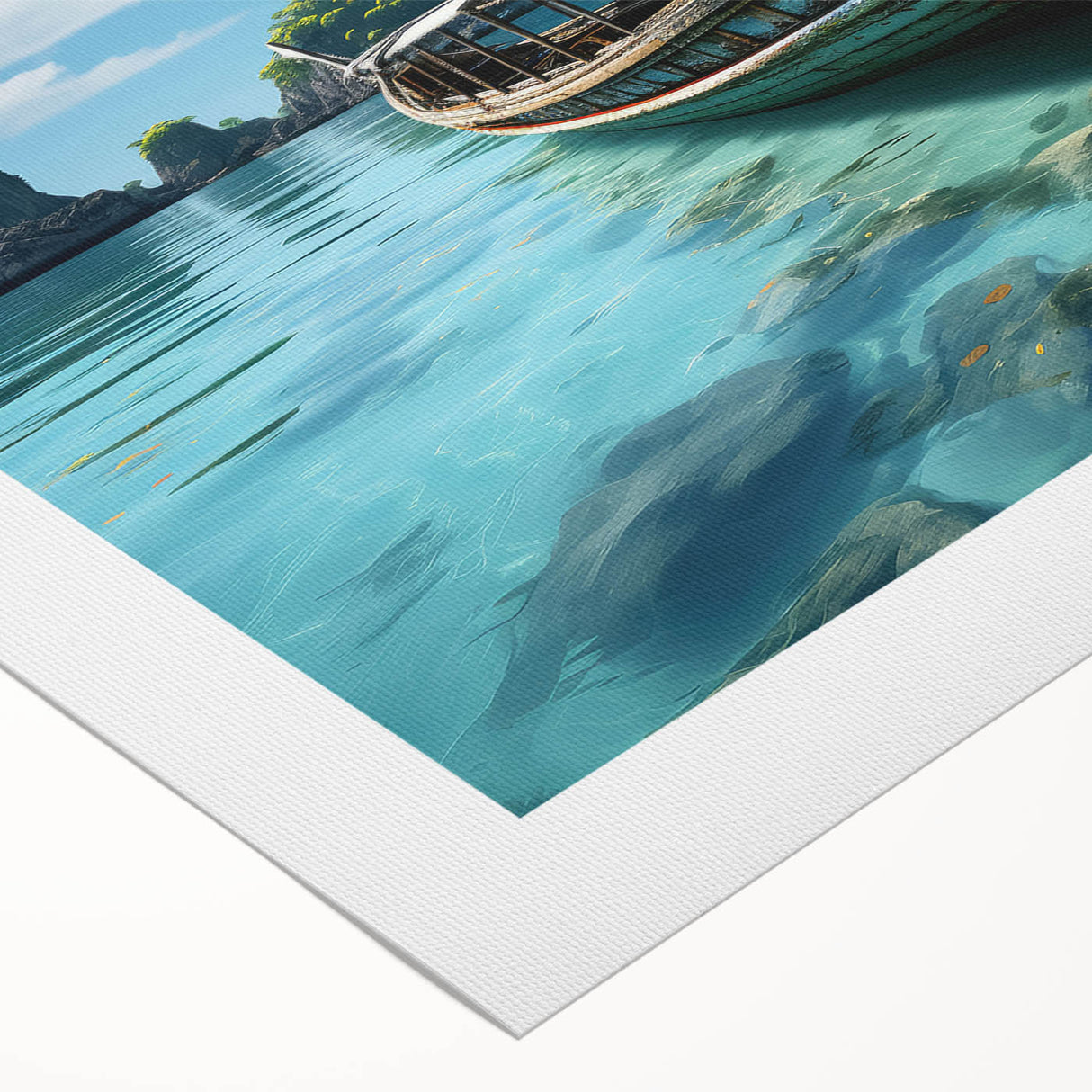 Art deco poster featuring a serene Thai landscape in muted green and blue tones on rolled canvas.