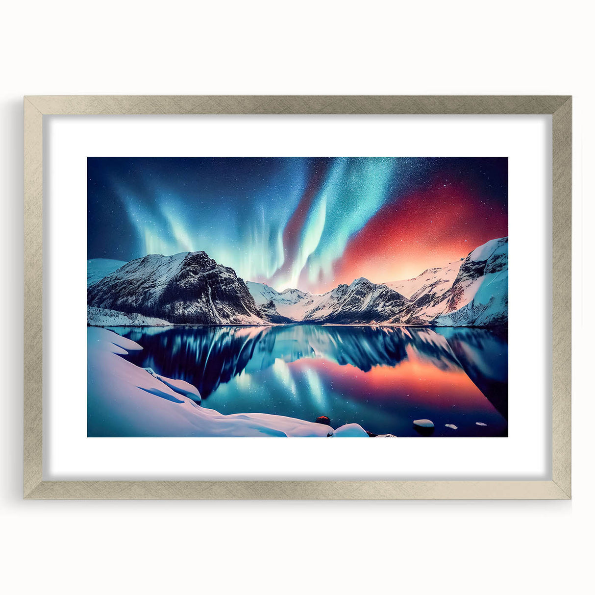 Textured abstract art print of a Yukon scenery in muted earth tones, framed with a silver mat, ideal for bedroom art.