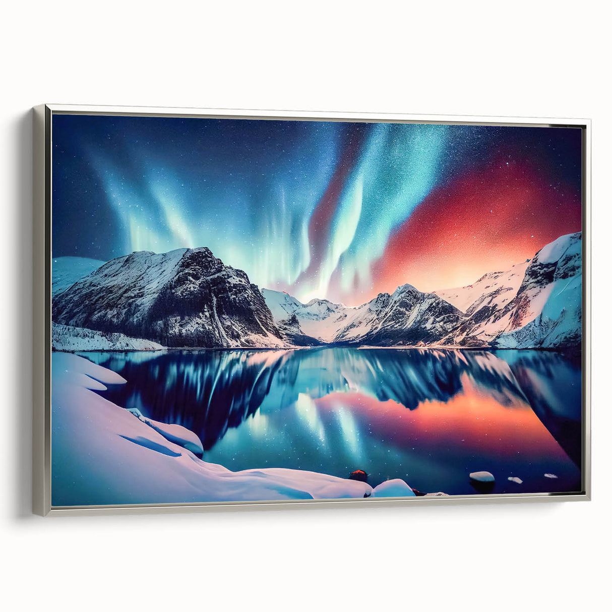 Landscape art painting of Yukon scenery on a silver-framed canvas, featuring vintage poster art style with vibrant.