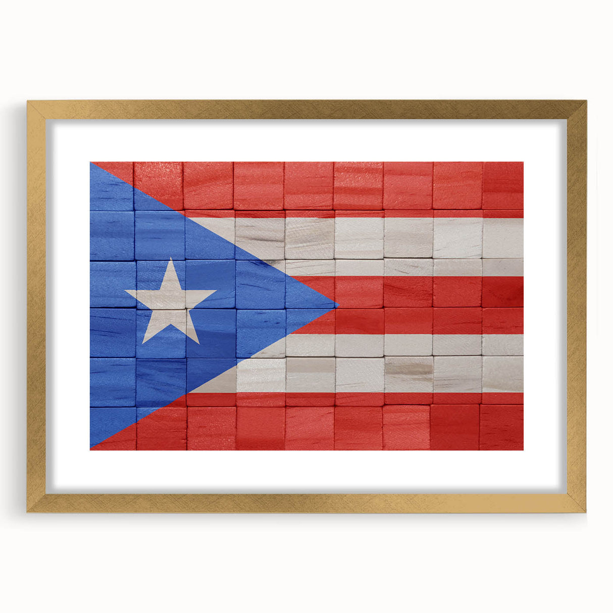 Abstract art print of a Caribbean scenery in muted blue and green tones, framed with a gold mat.