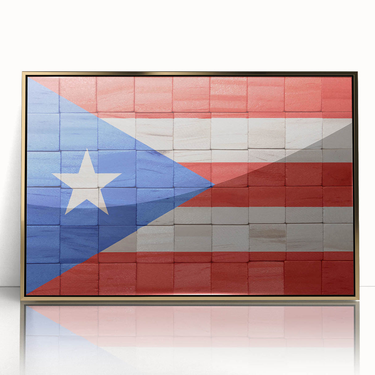 Art Deco poster of a Caribbean scenery in Puerto Rico with gold frame, acrylic print, ideal for modern art wall decor.