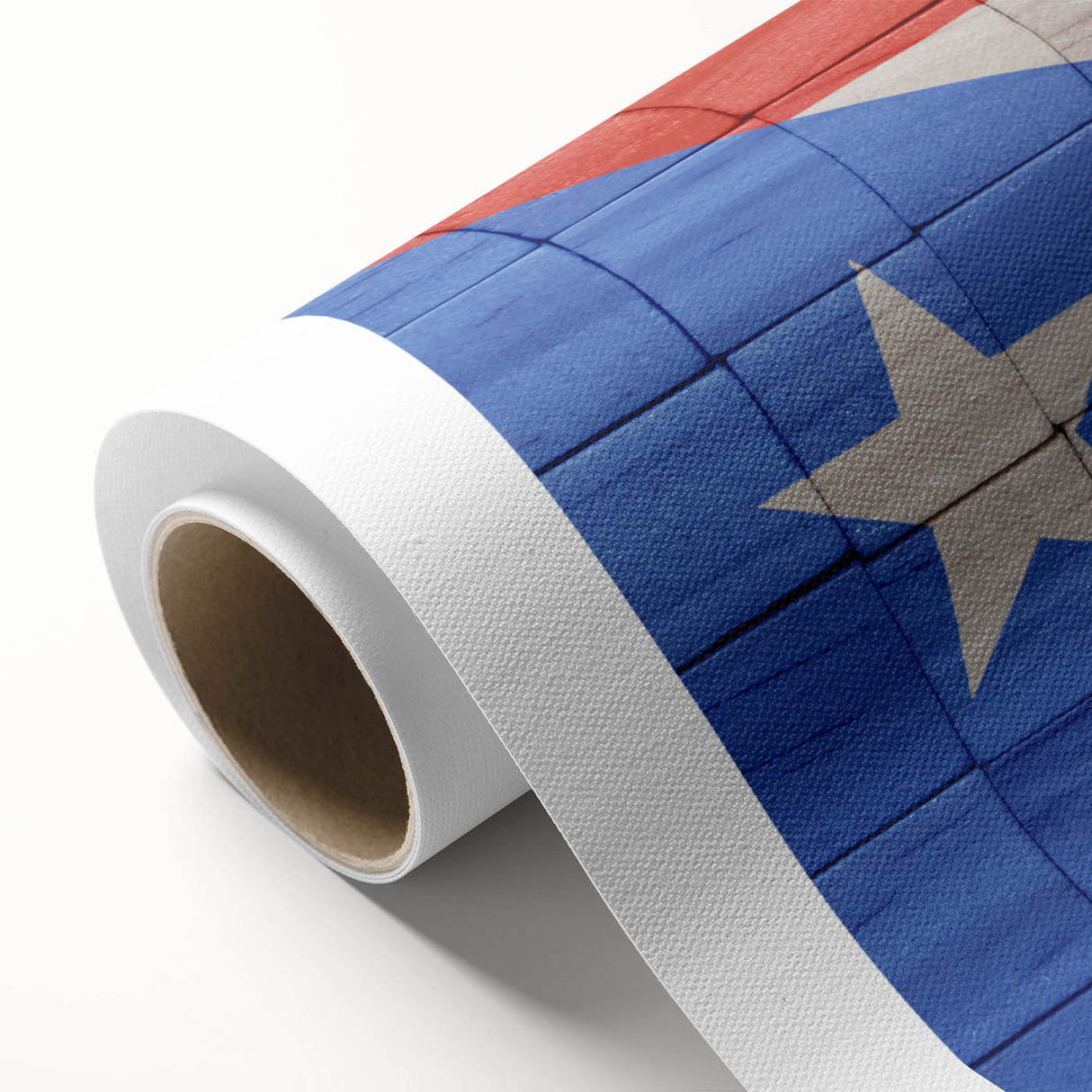 Art deco poster of a Caribbean landscape on rolled canvas, featuring pastel blue and green tones, ideal for nursery wall art.