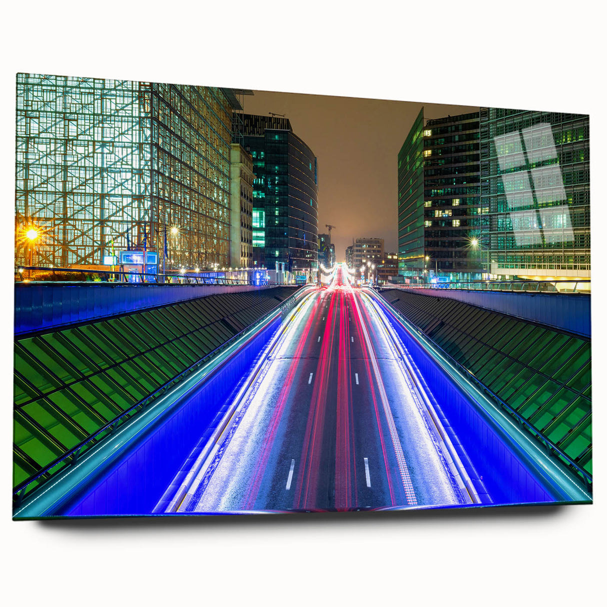 Large abstract wall art depicting a European scenery on acrylic glass, in muted earth tones.