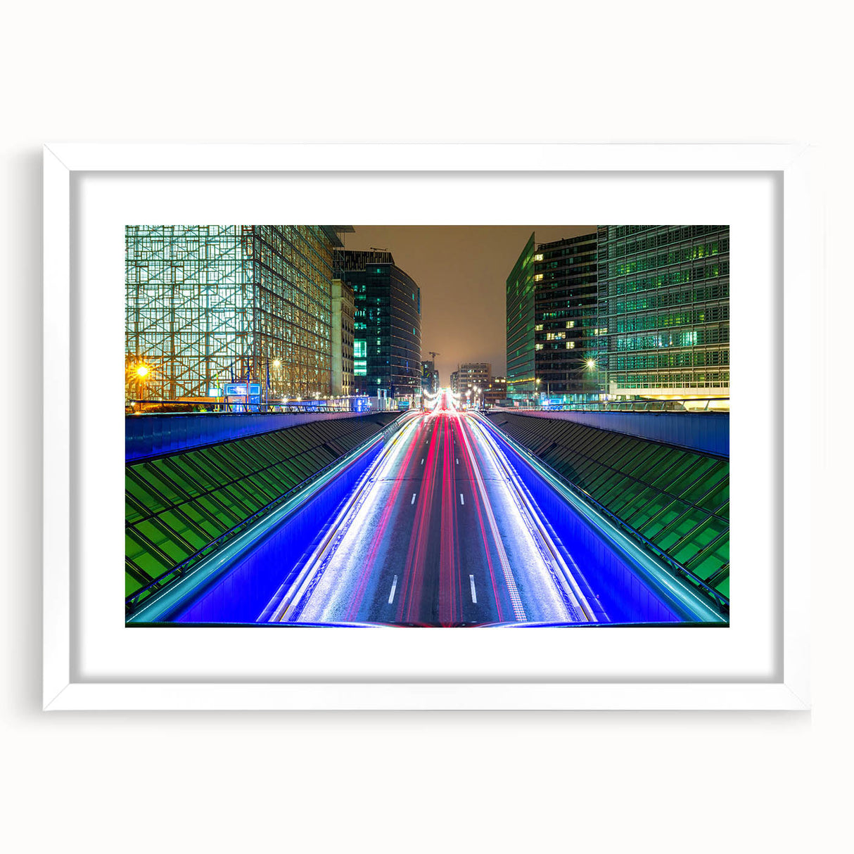 Textured abstract art print of a European scenery in muted earth tones on a framed white mat, ideal for bedroom art.