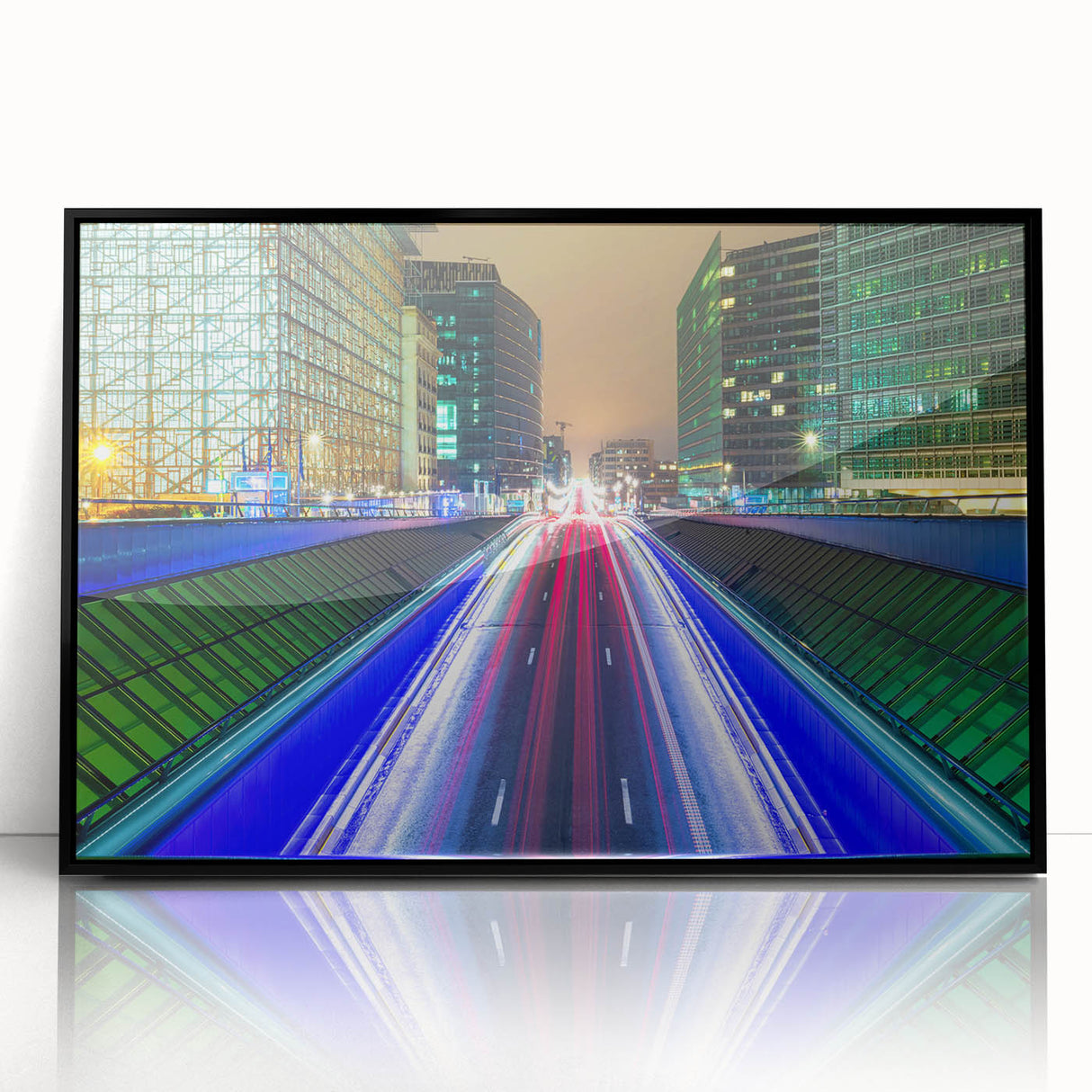 Large abstract wall art depicting a European cityscape in muted gray and black tones, acrylic print framed in black.