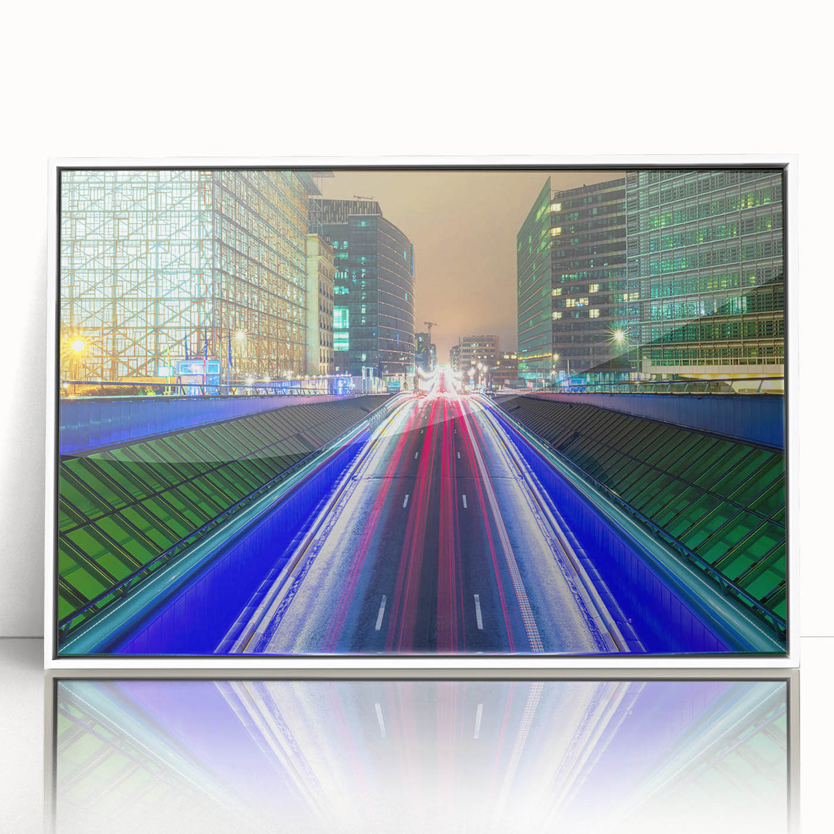 Mid-century modernist art depicting a serene Belgian landscape in muted earth tones on a framed acrylic print.