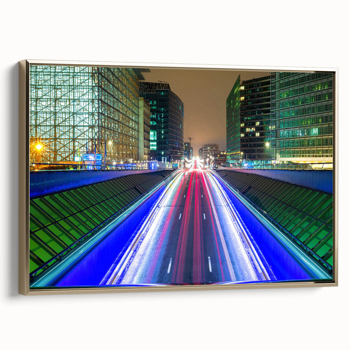 Framed canvas featuring a vintage-style landscape painting of a European scenery in muted gold and black tones.