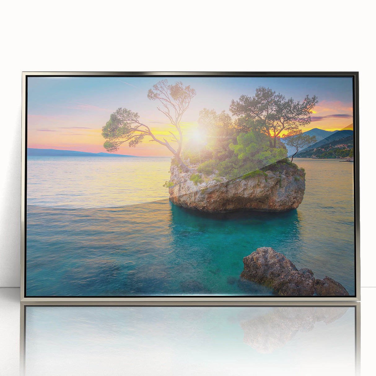 Framed acrylic print of a Croatian landscape in muted earth tones, ideal for modern art wall decor.