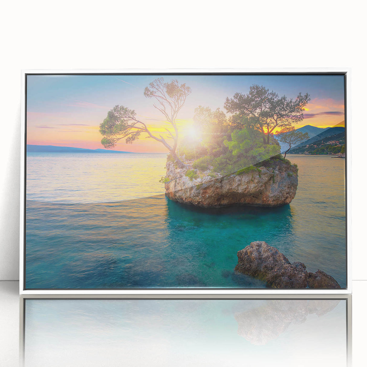 Mid-century modernist art depicting a Croatian landscape, in muted earth tones on a framed acrylic.