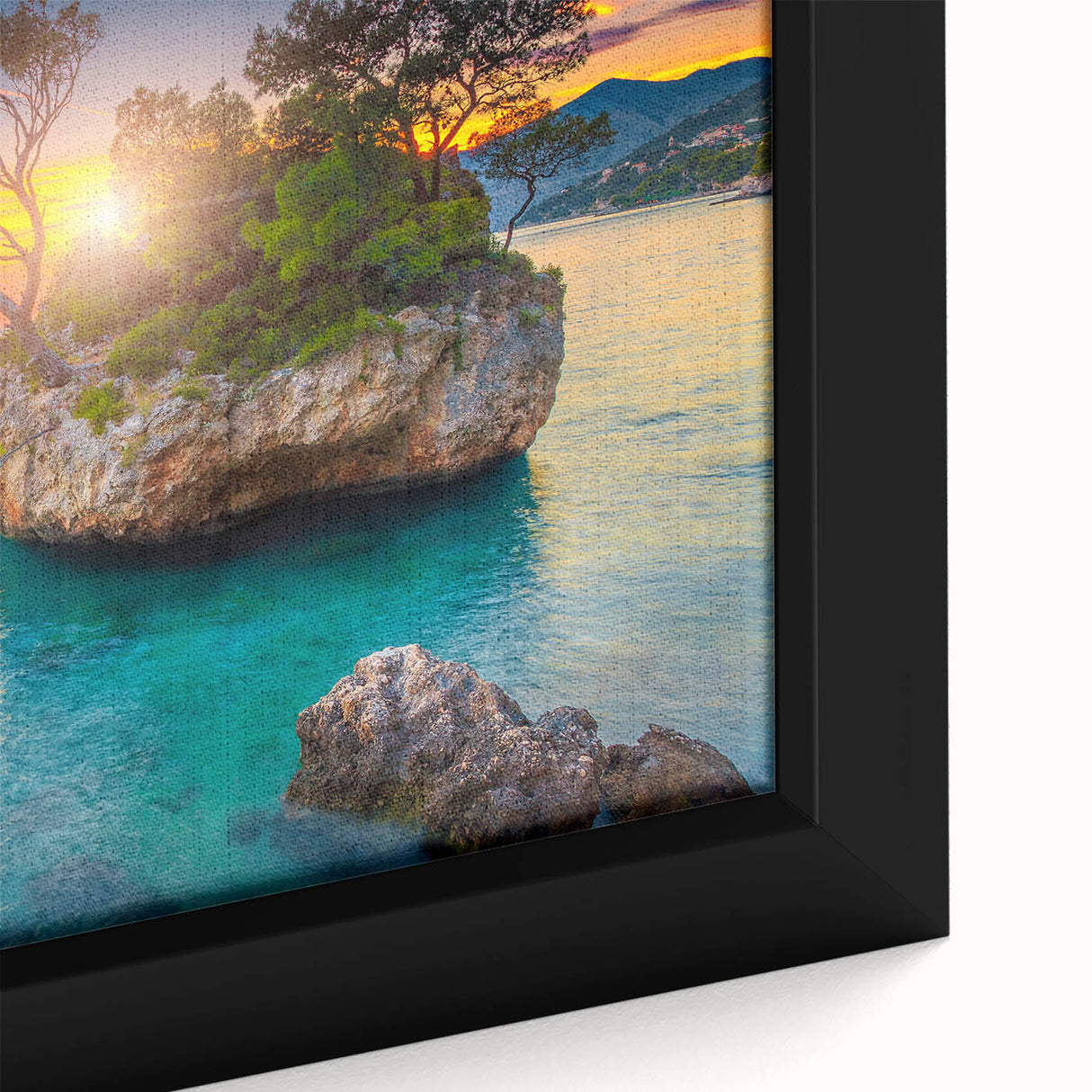 Extra large framed canvas of a textured Croatian landscape in muted black with vibrant color accents.