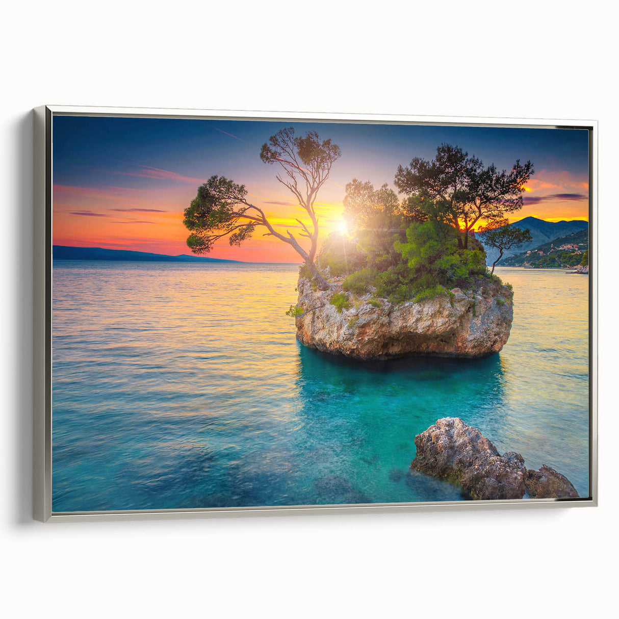 Framed canvas depicting a vintage-style Croatian landscape with vibrant colors, ideal for living room decor.