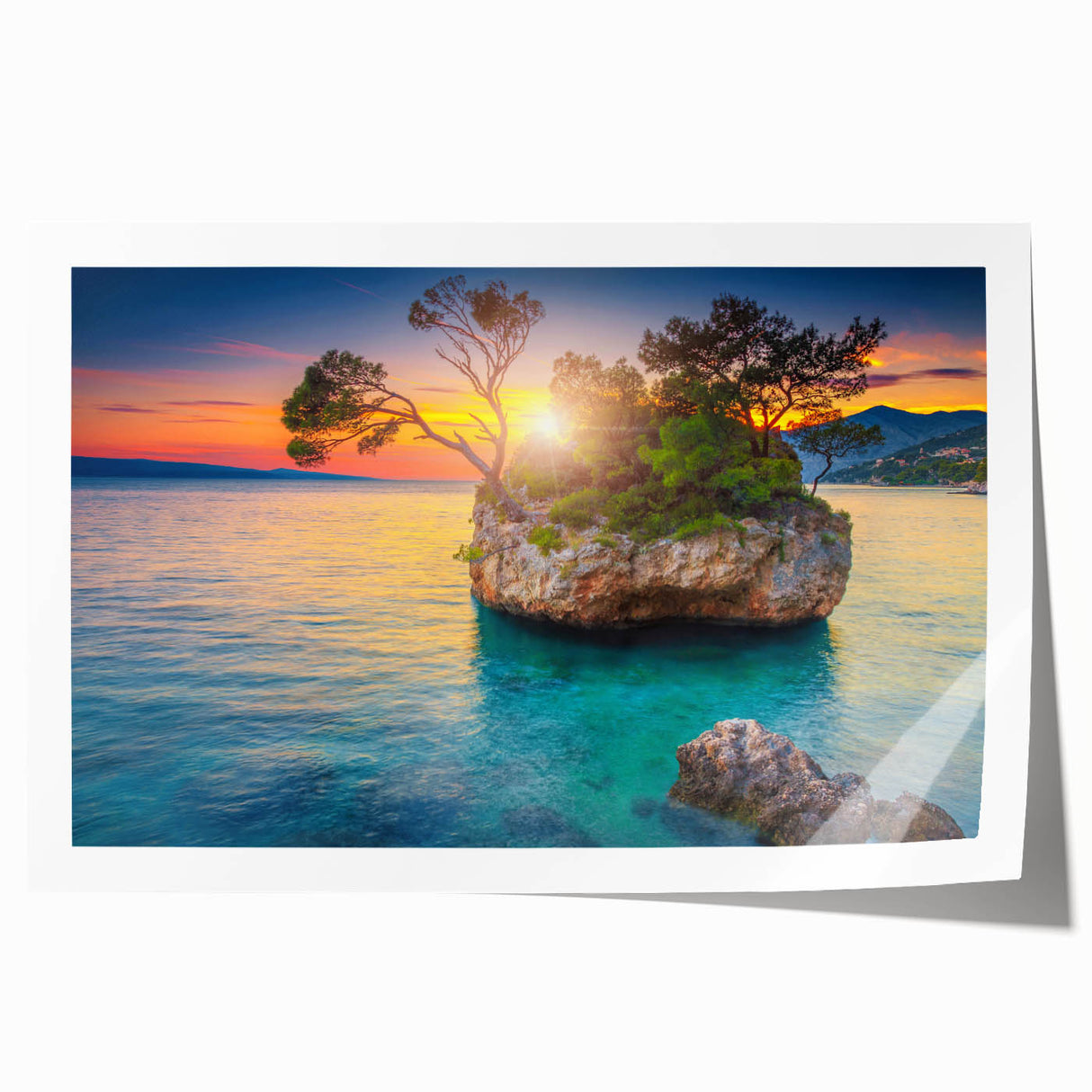 Rolled print of a Croatian landscape with vivid green and blue tones, ideal for art wall dining room.